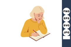 Woman writing in notebook with pencil wearing yellow sweater Product Image 1
