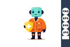 Friendly robot holding shield with medical cross standing in Product Image 1