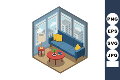 Modern living room with blue sofa yellow pillows and large w Product Image 1
