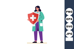Female doctor holding shield with medical cross symbol prote Product Image 1