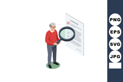 Senior man with magnifying glass examining checklist documen Product Image 1