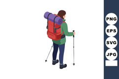 Hiker with large red backpack and purple sleeping mat trekki Product Image 1