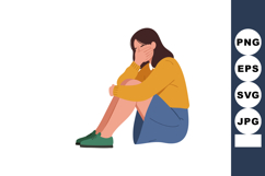 Sad woman sitting on ground covering face with hand wearing Product Image 1