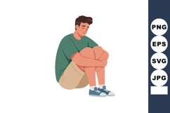 Sad young man sitting hugging knees wearing green shirt and Product Image 1