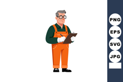 Elderly man in orange overalls writing on clipboard with pen Product Image 1