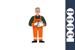 Older man in orange work overalls holding clipboard writing Product Image 1