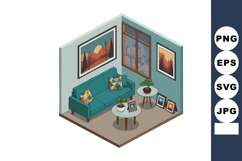 Modern living room interior with teal sofa and wooden tables Product Image 1