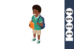 Young boy smiling with backpack and book standing ready for Product Image 1
