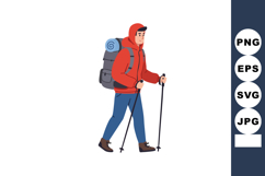 Hiker with backpack and trekking poles walking outdoors in c Product Image 1