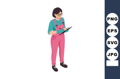 Woman in pink overalls writing on clipboard with glasses and Product Image 1