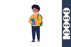 Student with glasses holding books and wearing backpack casu Product Image 1