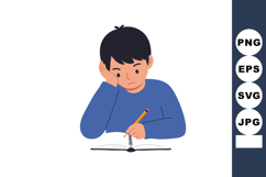 Boy studying with pencil writing in notebook focused on lear Product Image 1