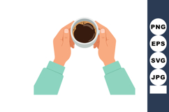 Hands holding cup of hot coffee beverage top view simple vec Product Image 1