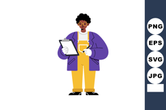 Man holding clipboard and pen wearing yellow overalls and pu Product Image 1