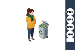 Woman standing near recycling bin with green leaves and eco Product Image 1