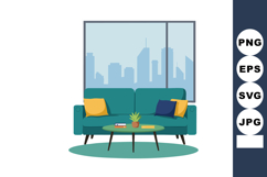 Modern living room interior with teal sofa and colorful cush Product Image 1