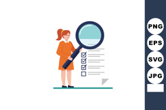 Woman holding large magnifying glass checking a checklist wi Product Image 1