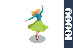 Woman dancing joyfully in green skirt and teal top with susp Product Image 1