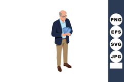 Elderly man holding fan of money bills in casual formal outf Product Image 1