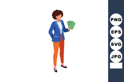 Businesswoman holding money cash in hand wearing blue blazer Product Image 1