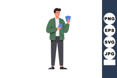 Young man holding blue cards in casual outfit standing isola Product Image 1