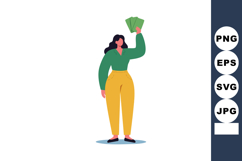 Woman holding money cash in green shirt and yellow pants vec Product Image 1