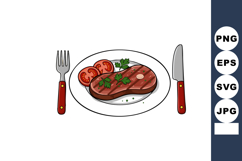 Grilled steak with tomato slices and parsley garnish on whit Product Image 1