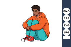 Sad young man sitting with knees hugged wearing orange hoodi Product Image 1