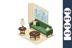 Modern living room interior design with green sofa and citys Product Image 1