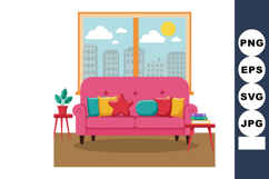 Pink sofa with colorful pillows in modern living room interi Product Image 1