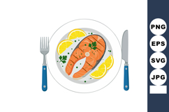 Salmon steak with lemon slices and herbs served on white pla Product Image 1