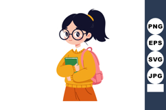 Girl student holding book wearing glasses and backpack casua Product Image 1