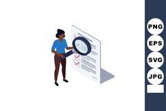 Woman examining checklist with magnifying glass for detailed Product Image 1