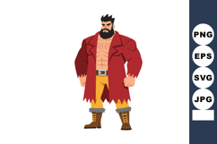 Muscular bearded man in red torn coat standing with boots an Product Image 1