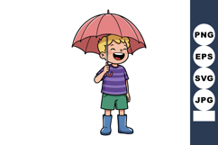 Smiling boy holding pink umbrella wearing purple shirt and b Product Image 1