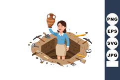 Female Archaeologist Holding Ancient Pottery Artifact in Exc Product Image 1