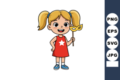 Little girl holding yellow mask wearing red dress and blue s Product Image 1