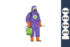 Pest control worker in protective purple suit with green spr Product Image 1