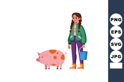 Girl standing next to pig holding blue bucket in casual outf Product Image 1