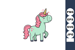 Cute green unicorn with pink mane and heart shapes vector il Product Image 1