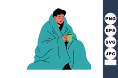 Man wrapped in teal blanket holding green cup drinking warm Product Image 1