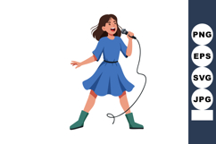 Girl Singing with Microphone Wearing Blue Dress and Green Bo Product Image 1