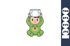 Baby sitting with frog outfit holding diaper above head vect Product Image 1