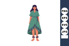 Woman in green dress with floral pattern barefoot standing i Product Image 1