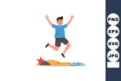 Boy jumping on beach sand with starfish and water waves play Product Image 1