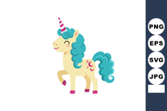 Cute unicorn with blue mane and pink horn and hooves cartoon Product Image 1