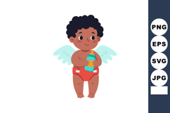 Cute toddler boy angel with curly hair holding bottle in red Product Image 1