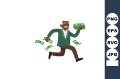 Man running happily holding stacks of money in green jacket Product Image 1