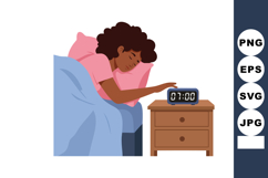 Woman waking up in bed turning off alarm clock in bedroom ve Product Image 1