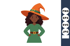 Young woman wearing green dress and orange witch hat vector Product Image 1